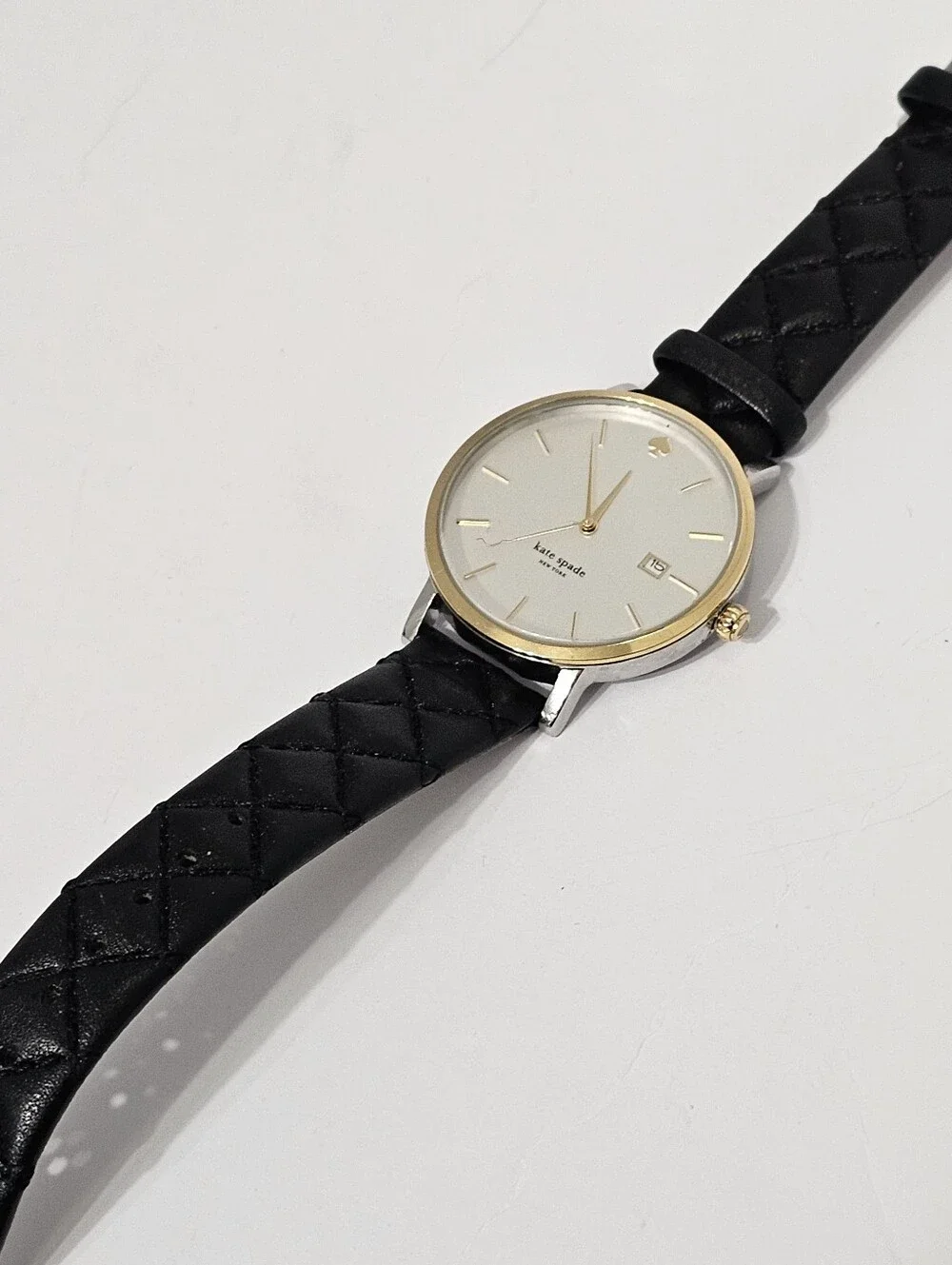 Kate Spade Metro Watch Two Tone Gold Black Quilted Leather Strap - Never Worn